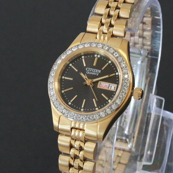 Citizen Ladies Classic Quartz Watch Crystal Bezel Gold Toone Black Dial 26mm main image 9